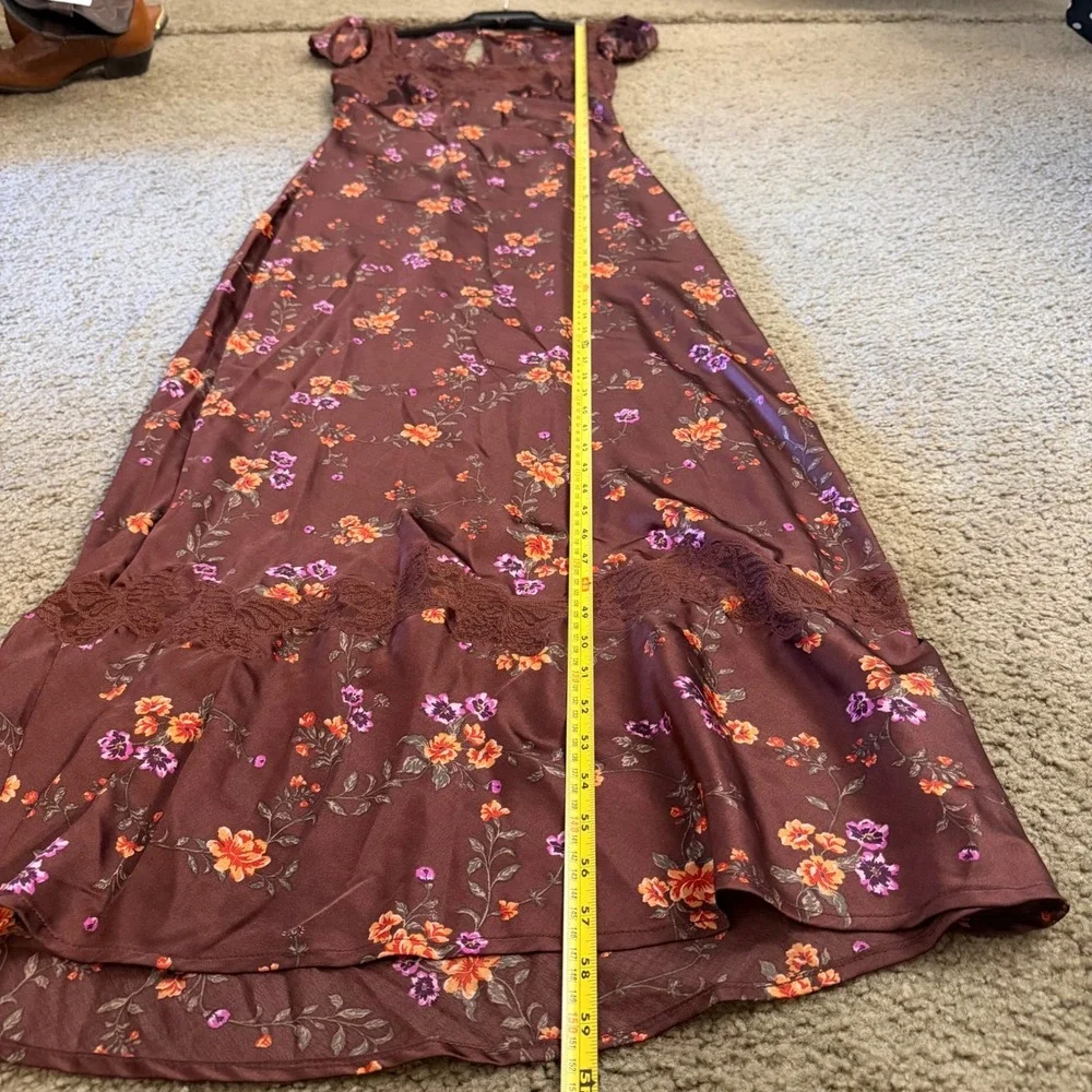 Free People Morning Dove Floral Lace Trim Satin Maxi Dress Brown Womens Medium M